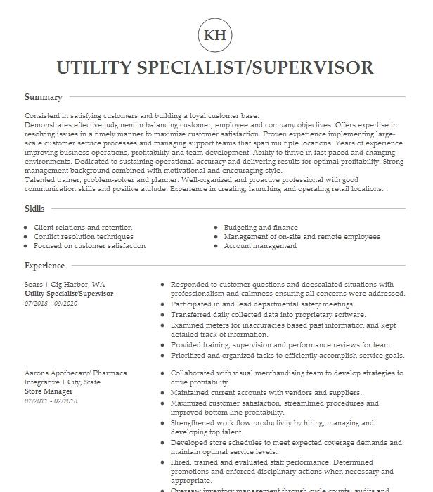 Utility Supervisor Resume Example