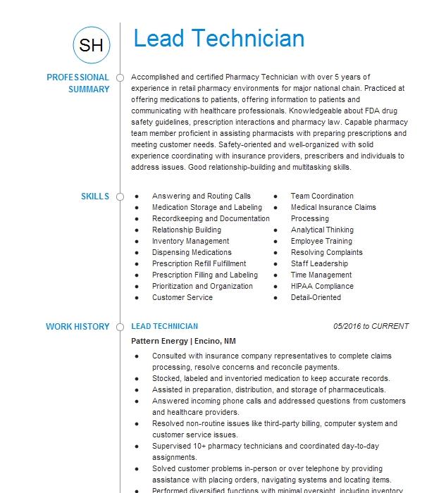 Lead Technician Resume Example