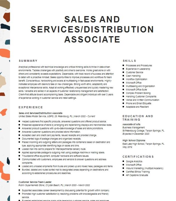 Sales Services Distribution Associate Resume Example