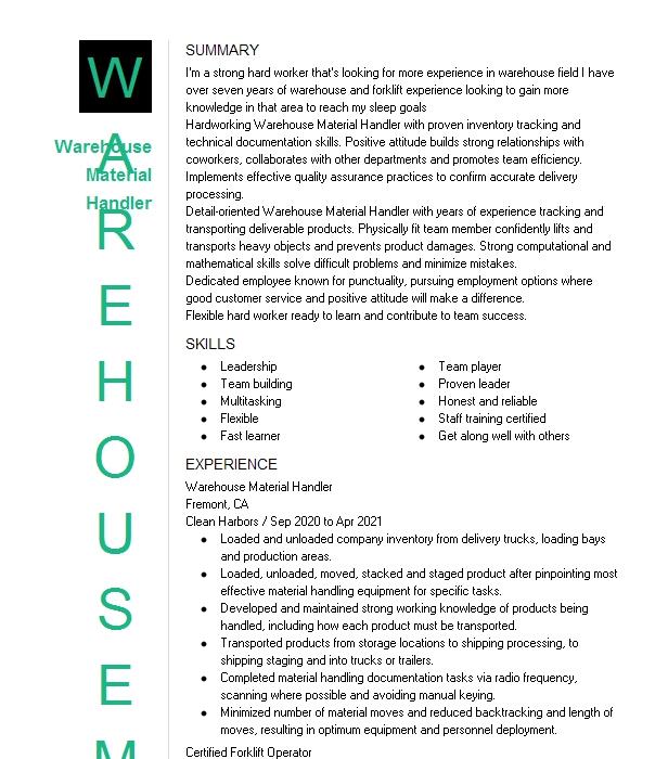 Warehouse Material Handler Resume Objective Livecareer 9121