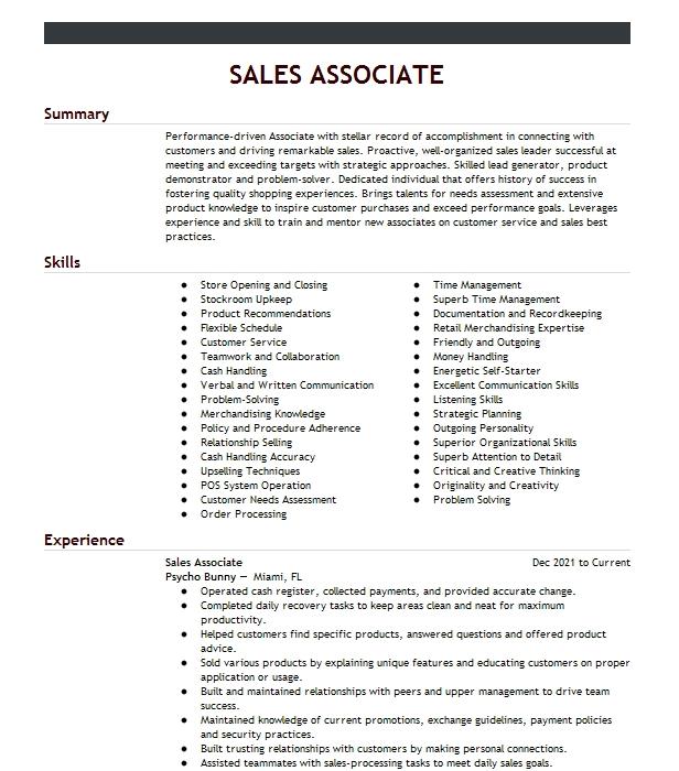 Sales Associate Resume Example