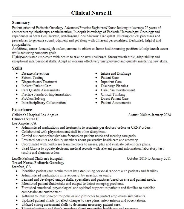 Clinical Nurse Ii Resume Example