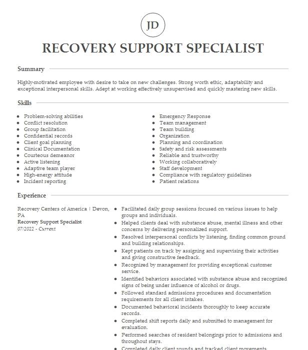 Lead Recovery Support Specialist Resume Example