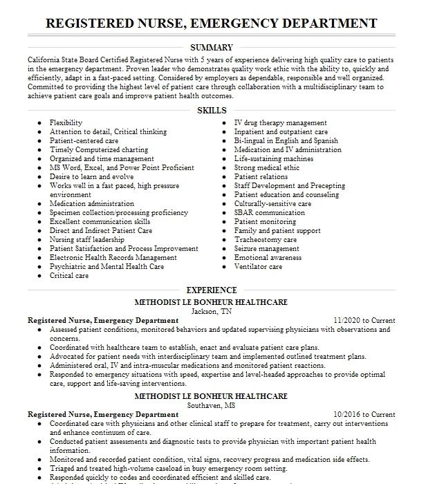 Registered Nurse, Emergency Department Resume Example