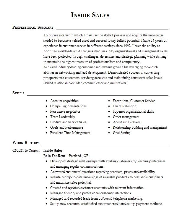 Inside Sales Resume Example