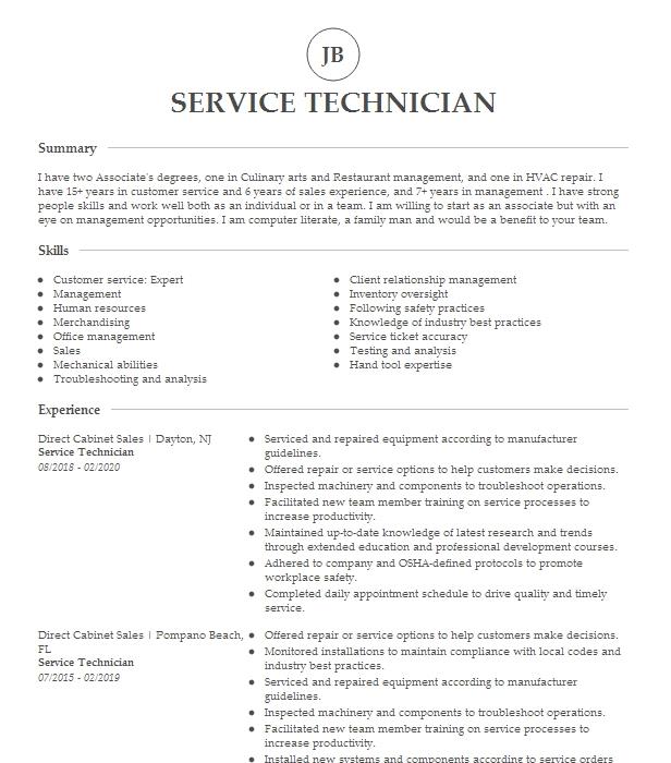 Service Technician Resume Example