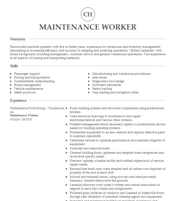 Maintenance Worker Resume Example