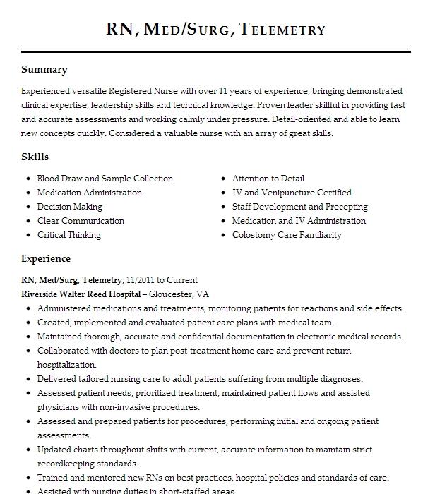 Rn For Specialty Care, Med Surg. & Telemetry Resume Example