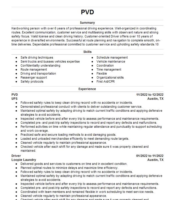 (pvd) Personal Vehicle Driver Resume Example