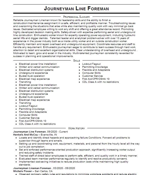 Journeyman Line Foreman Resume Example