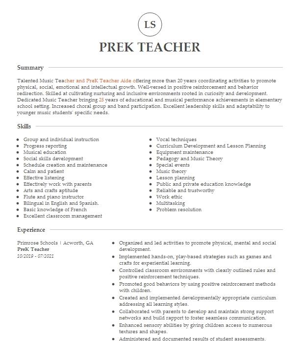 Prek Teacher Resume Example