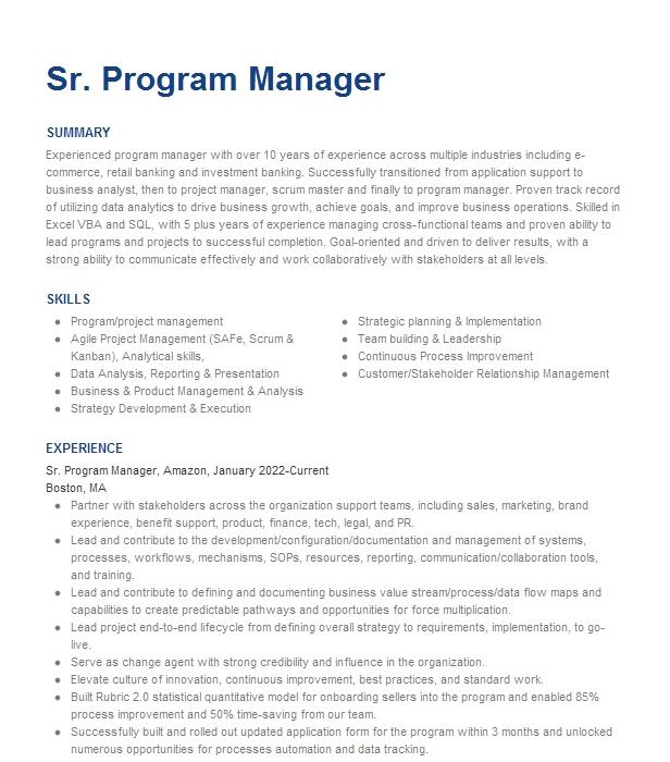 Sr. Program Manager Resume Example