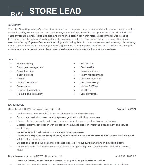 Store Lead Resume Example