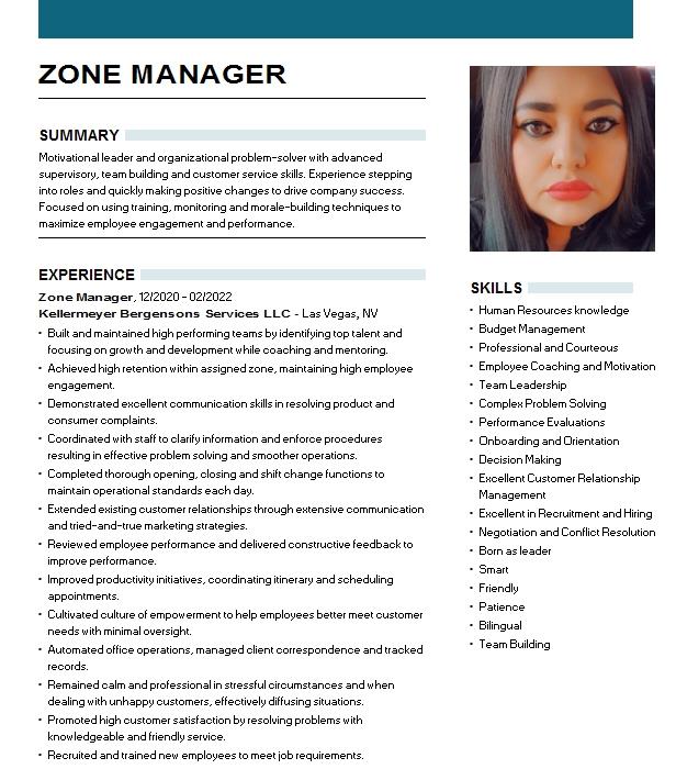 Zone Manager Resume Example