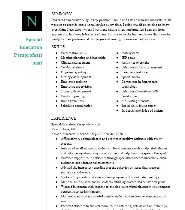 resume examples for special education paraprofessional