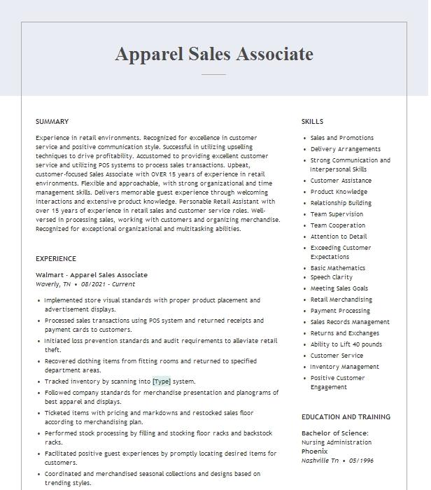 Apparel Sales Associate Resume Example