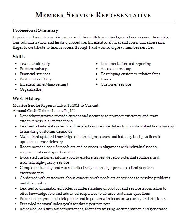 Member Service Representative Resume Example