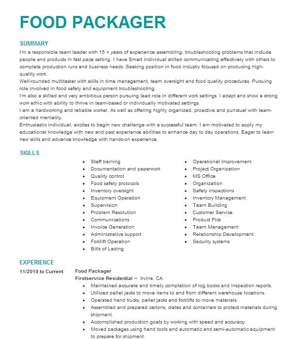 Food Packager Resume Example