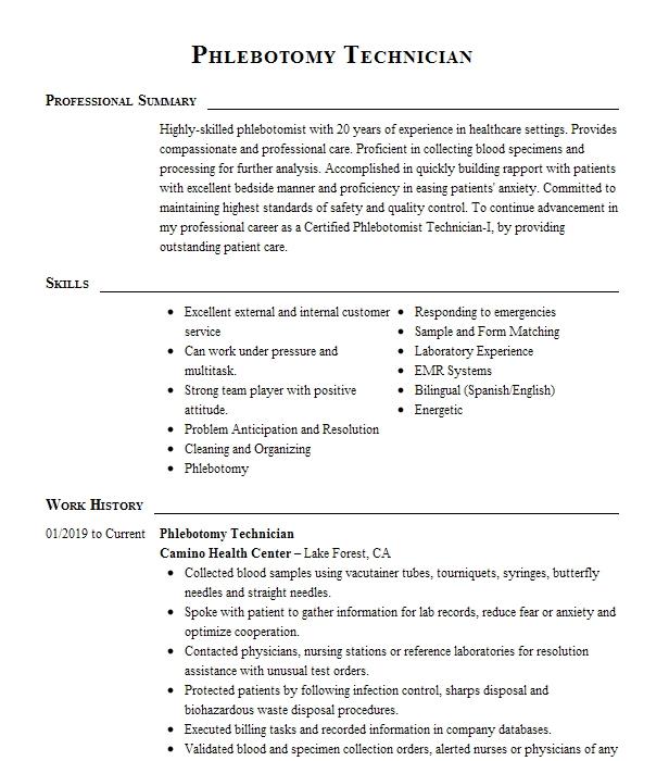 Phlebotomy Technician Resume Example