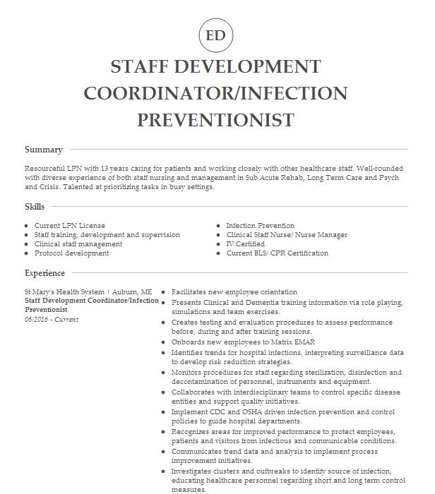 Infection Preventionist Staff Development Educator Resume Example