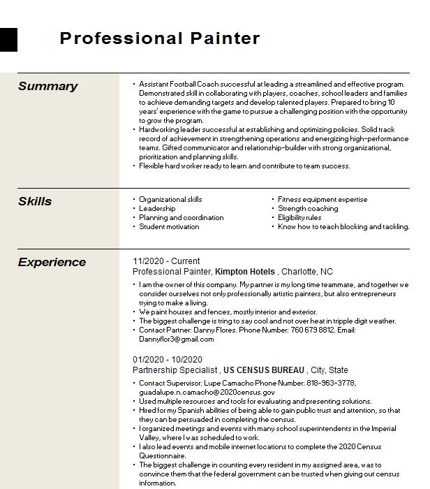 Professional Painter Resume Example