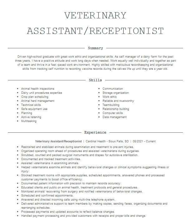 Veterinary Assistant Receptionist Resume Example