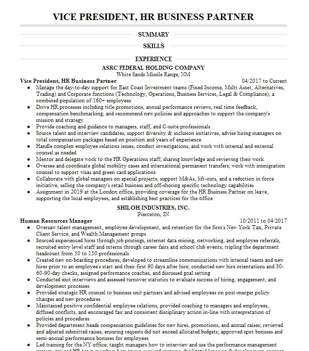 Senior Hr Business Partner Vice President Resume Example