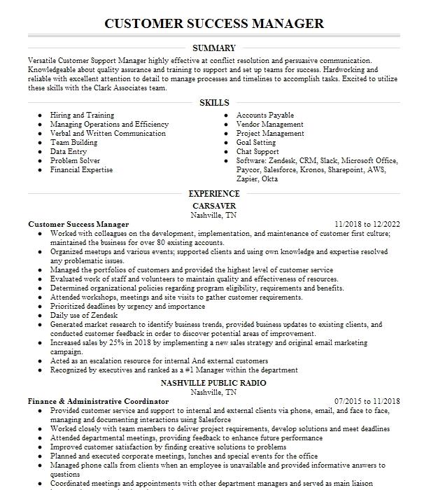 Customer Success Manager Resume Example