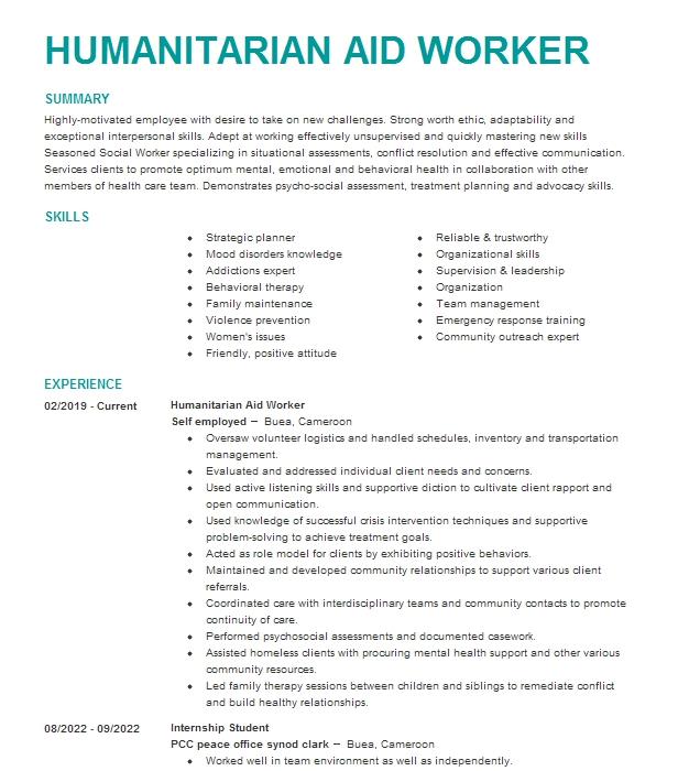 International Humanitarian Aid Worker Resume Example