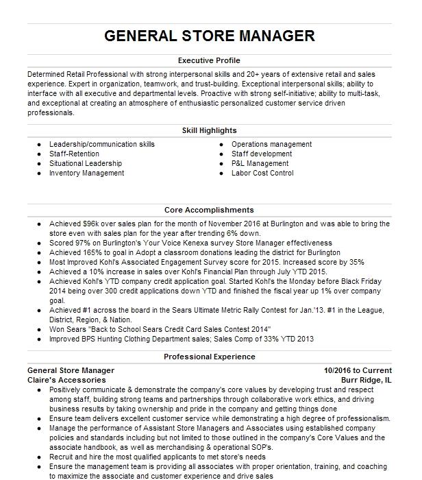 General Store Manager Resume Example