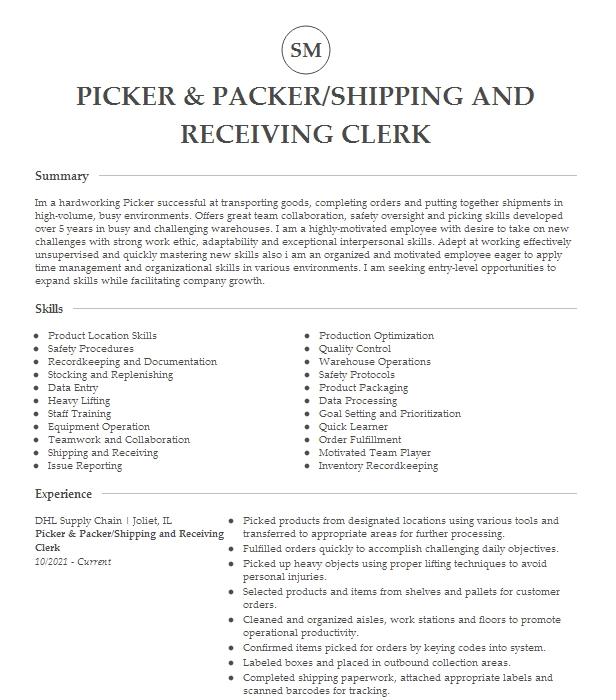 Picker Packer Receiving Resume Example