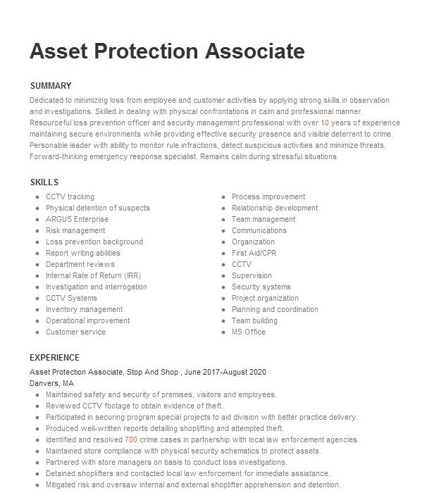 Asset Protection Associate Resume Example