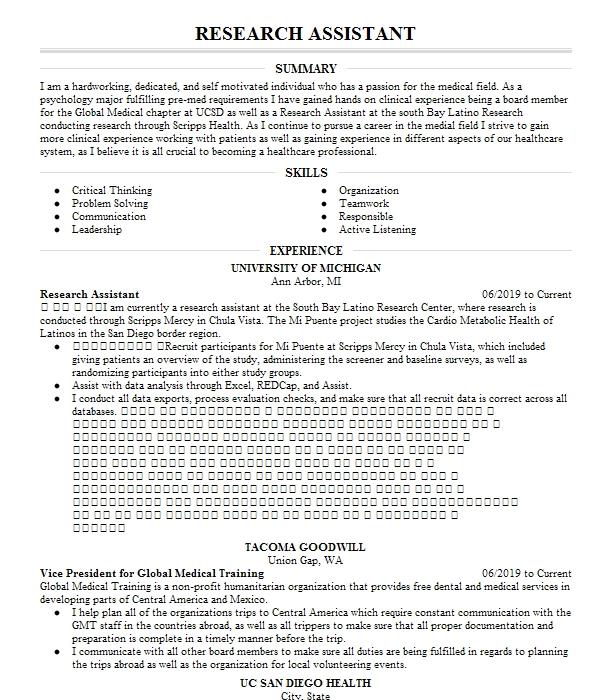 Research Assistant (volunteer) Resume Example