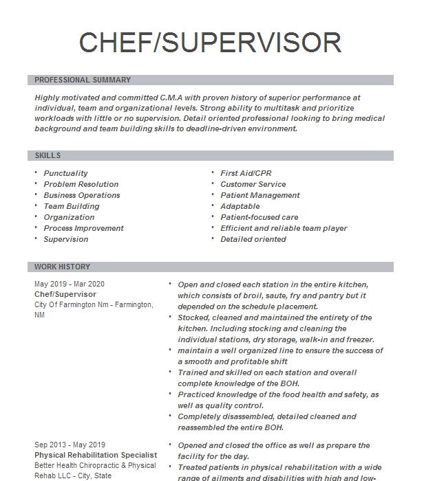 Chef Supervisor Resume Example