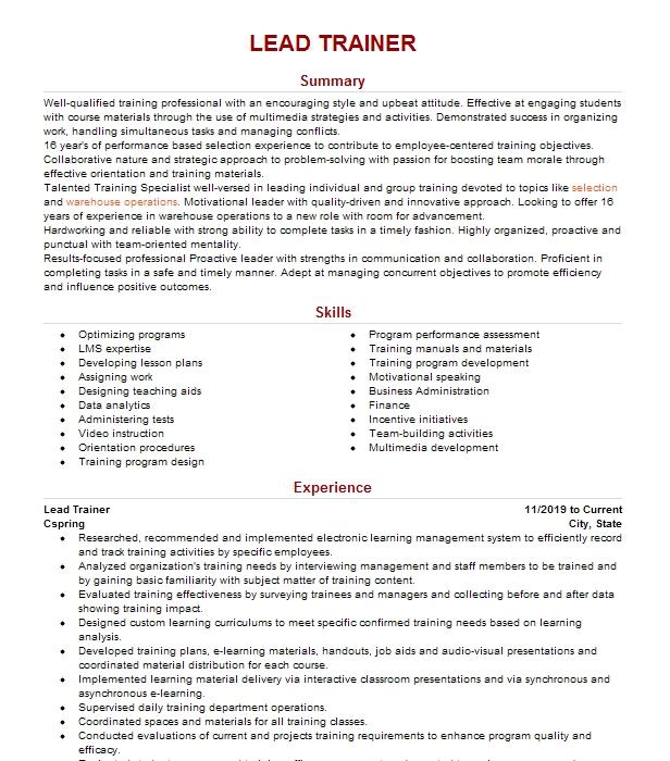 Lead Trainer Resume Example