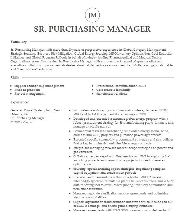 Sr. Purchasing Specialist Resume Example