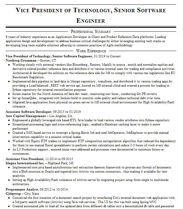 Vice President; Software Engineer Ii Resume Example