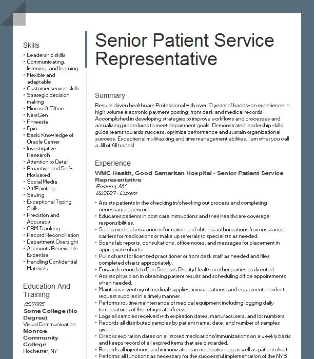 Senior Patient Service Representative Resume Example