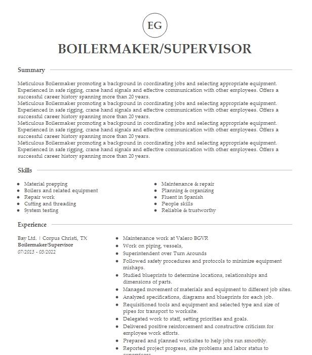 Boilermaker Supervisor Assistant Superintendent Resume Example