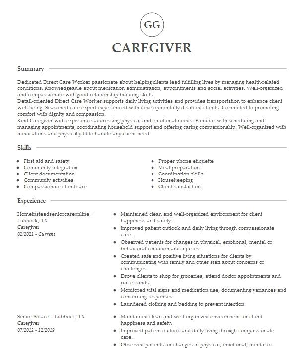 Caregiver Resume Example