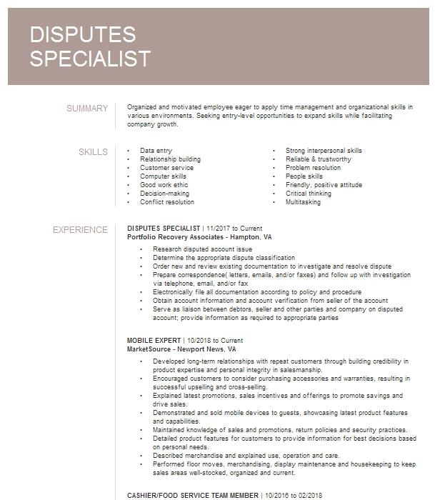 Fraud Disputes Specialist Resume Example