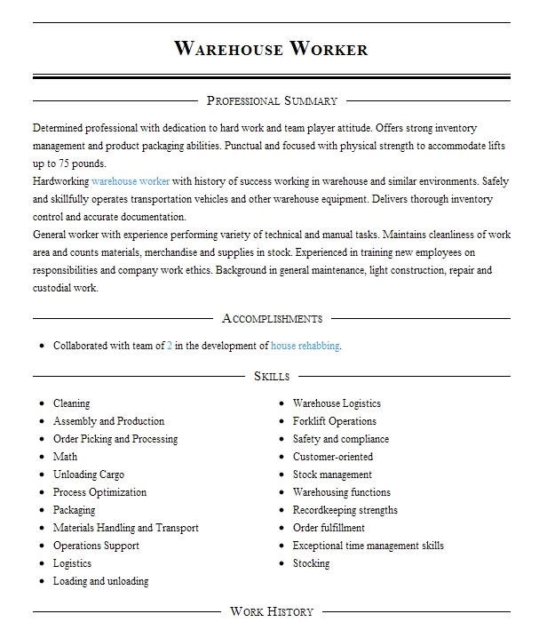 Warehouse Worker Resume Example