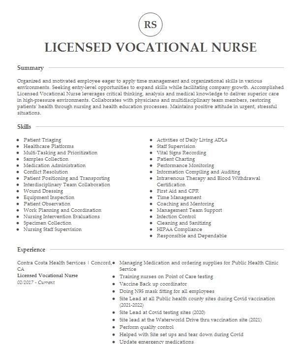 Licensed Vocational Nurse Resume Example