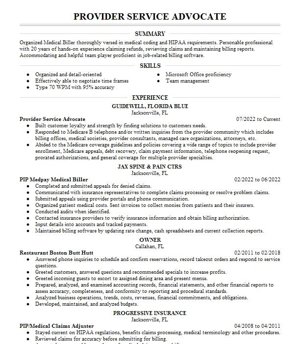 Provider Service Advocate Ii Medicare Part B Resume Example