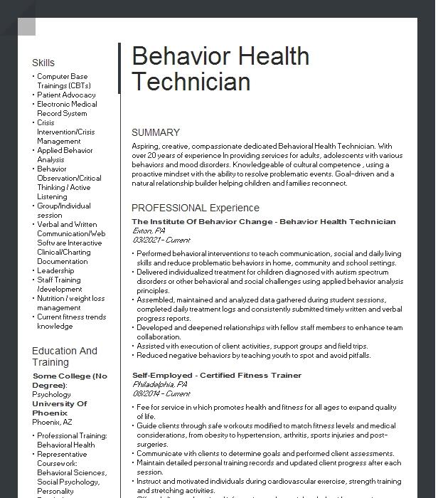 Behavior Health Technician Resume Example