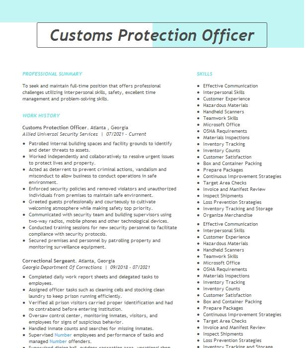 Customs Protection Officer Resume Example