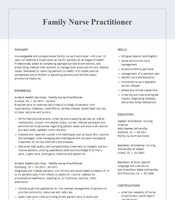 Family Nurse Practitioner Resume Example