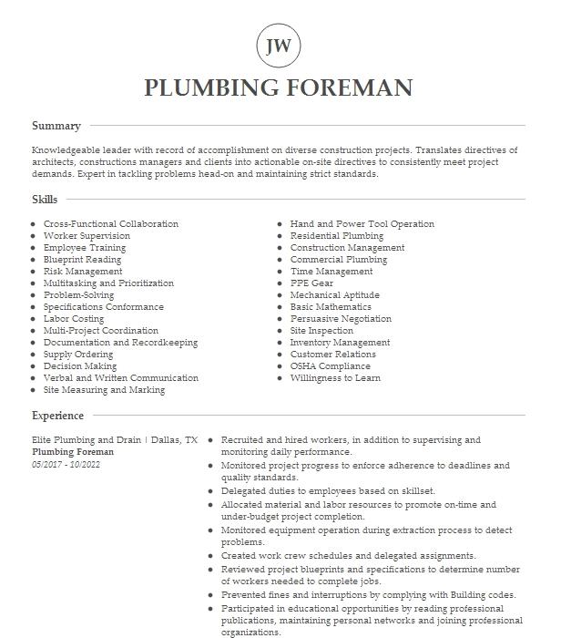 Plumbing Foreman Resume Example