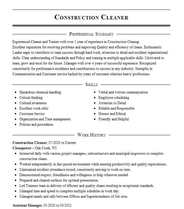 Construction Cleaner Resume Example