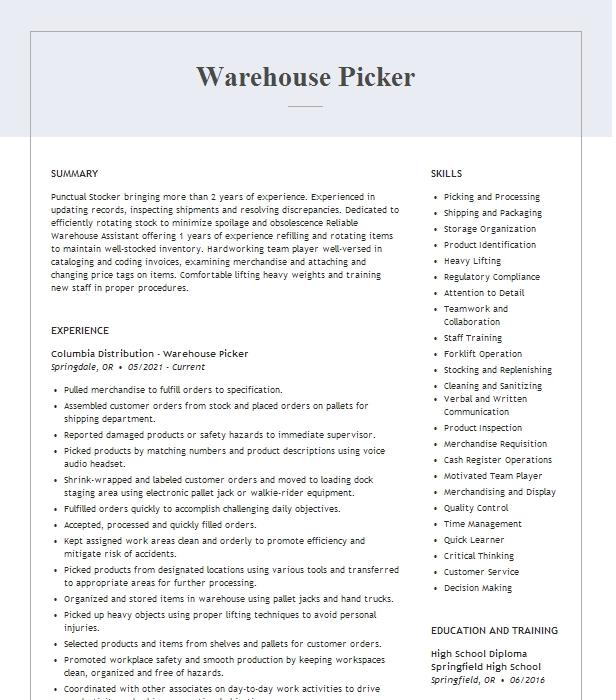 Warehouse Picker Resume Example